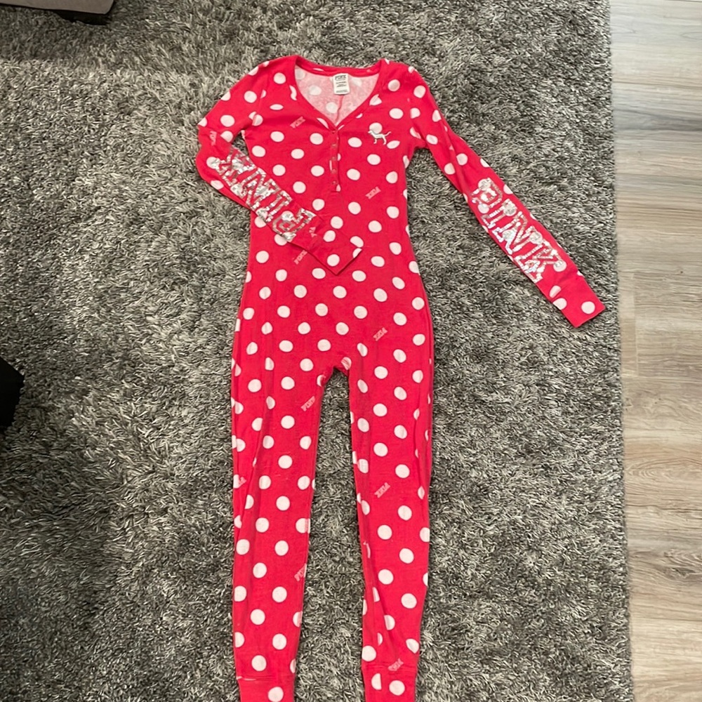Womens Victoria’s Secret PINK onesie in red white Polk dots size small